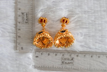 Gold tone Kerala style red-blue palakka jhumkka dj-52445