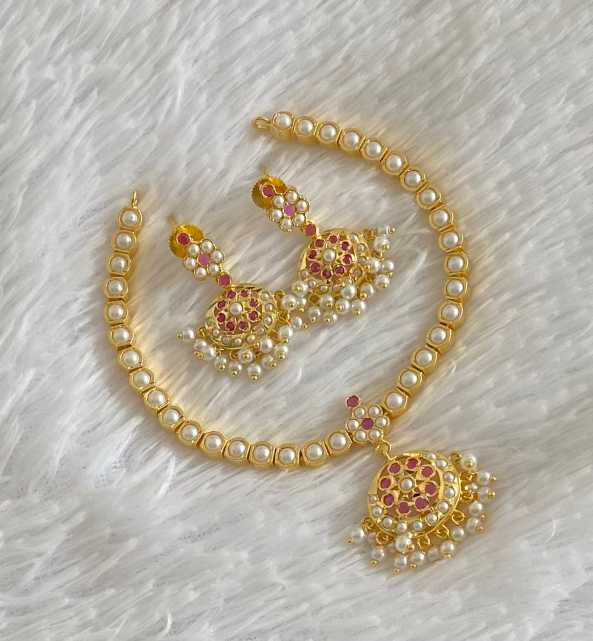 Gold tone pink stone pearl south Indian style necklace set dj-54406