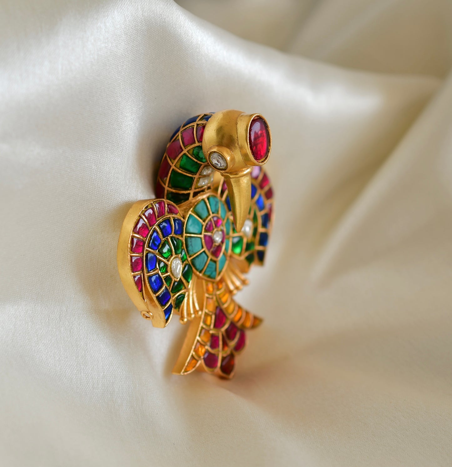 Matte finish Navarathna kundan jadau bird brooch dj-52639