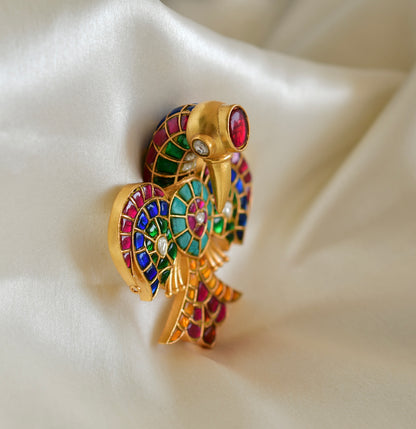 Matte finish Navarathna kundan jadau bird brooch dj-52639