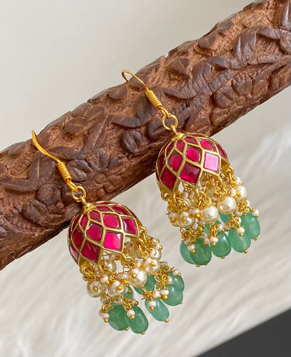 Gold tone pink kundan jadau green beaded pearl jhumkka dj-54256