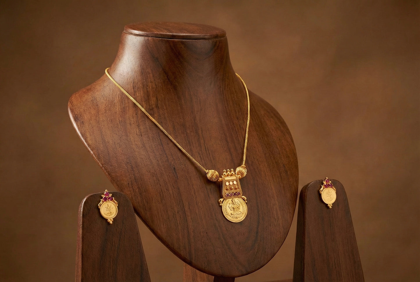 Gold tone kerala style ruby lakshmi coin necklace set dj-52686