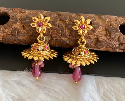 Gold tone pink-white stone jhumkka dj-52937