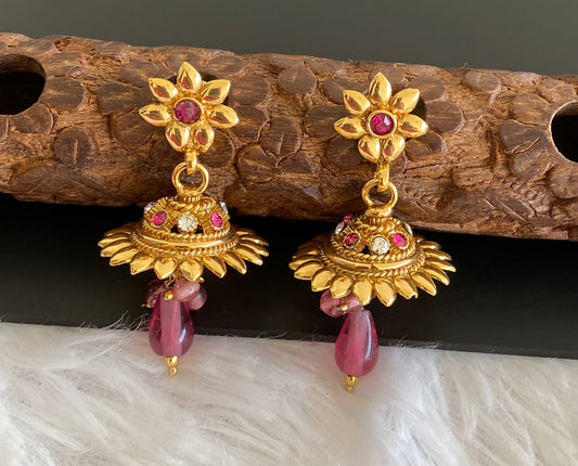 Gold tone pink-white stone jhumkka dj-52937