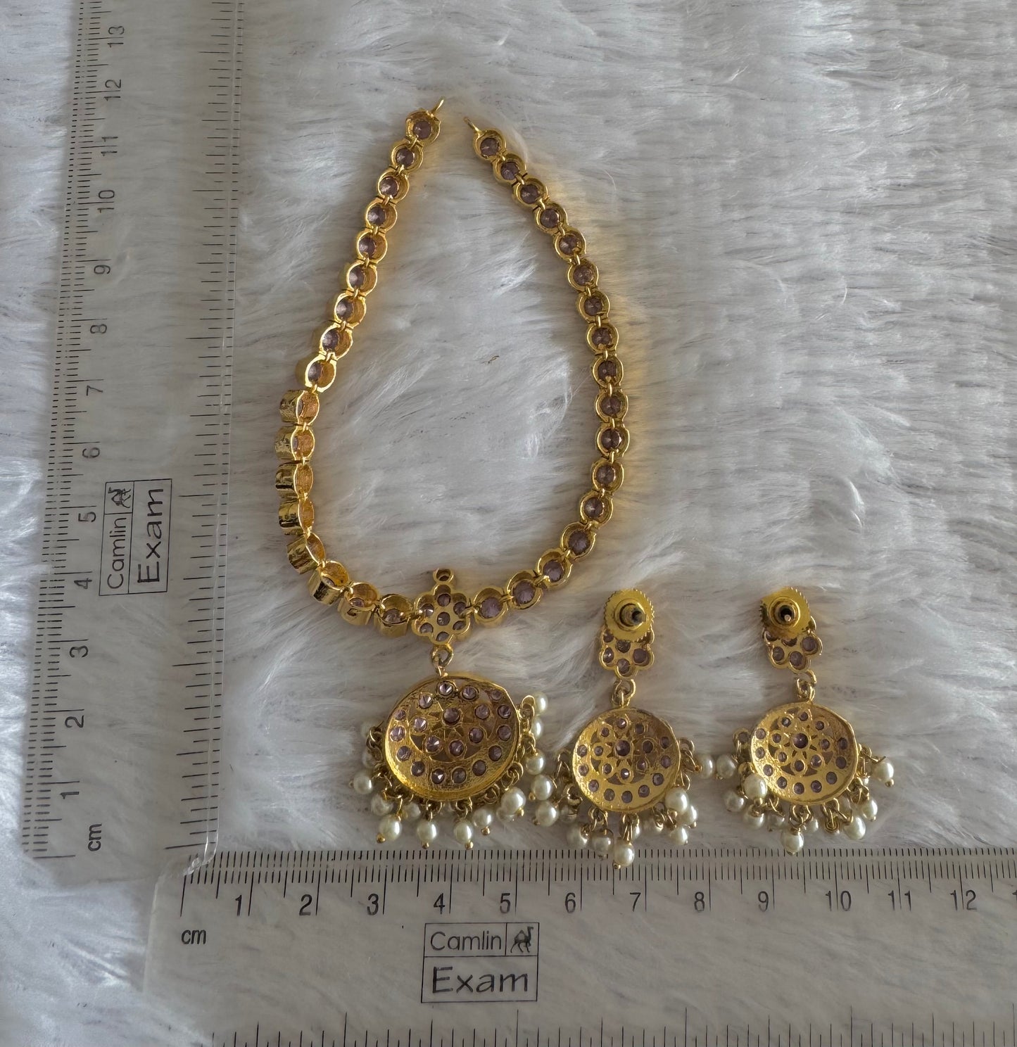 Gold tone AD lavender south Indian style attigai/necklace set dj-51485