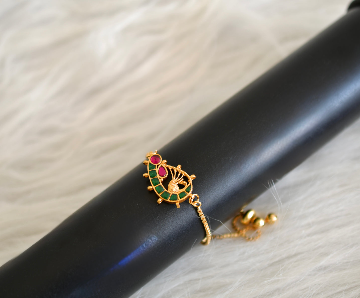 Gold tone pink-green kundan jadau peacock bracelet dj-52664