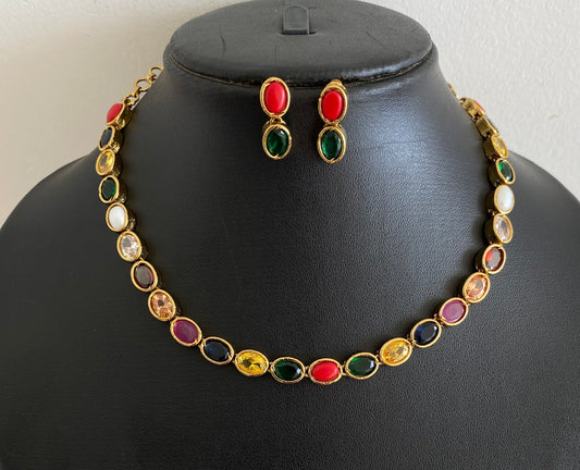 Antique gold tone navarathna oval stone necklace set dj-54080
