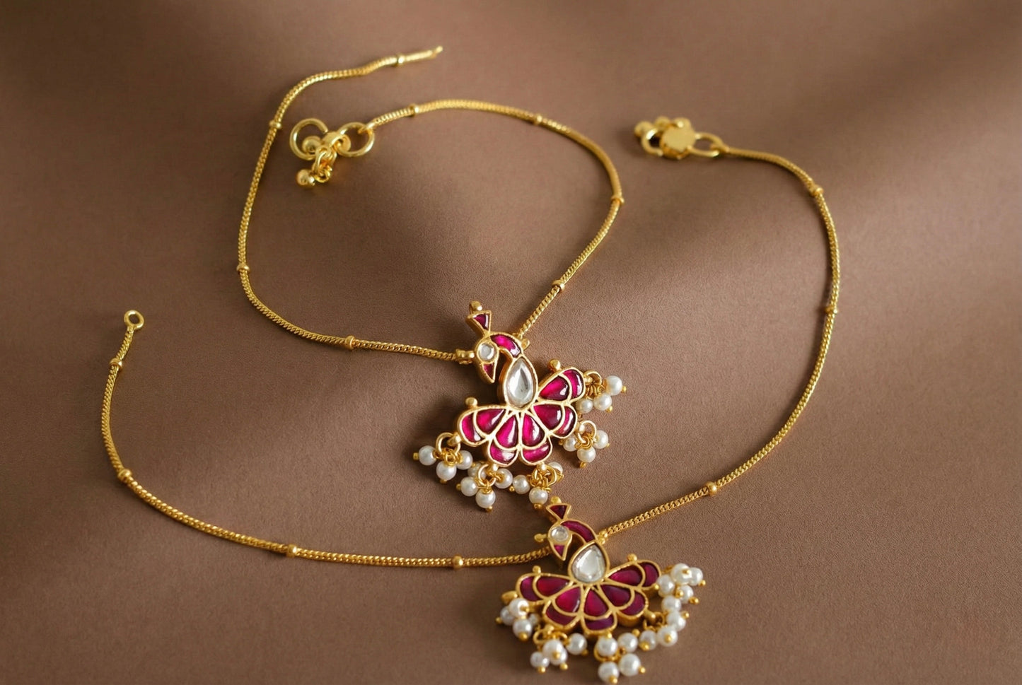 Gold tone pink-white peacock kundan jadau anklets dj-52399