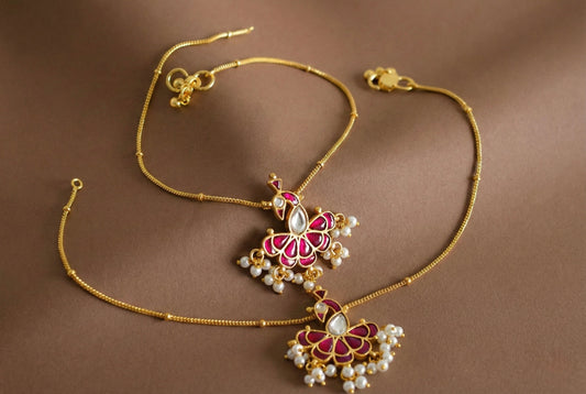 Gold tone pink-white peacock kundan jadau anklets dj-52399