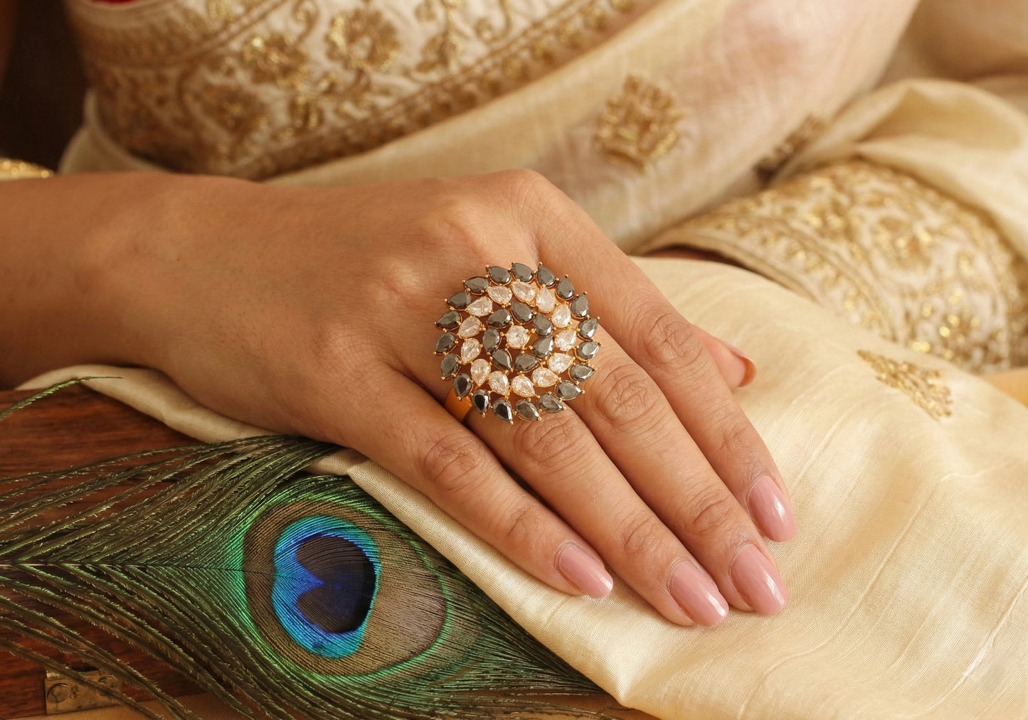 Gold tone Cz-black adjustable Finger Ring-dj17063