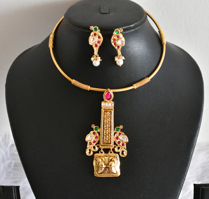 Antique gold tone pink-green peacock jadau hasli necklace set dj-51834