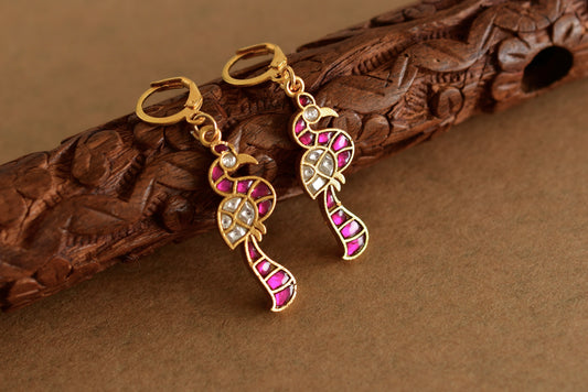 Gold tone pink-white kundan jadau peacock hook earrings dj-51988