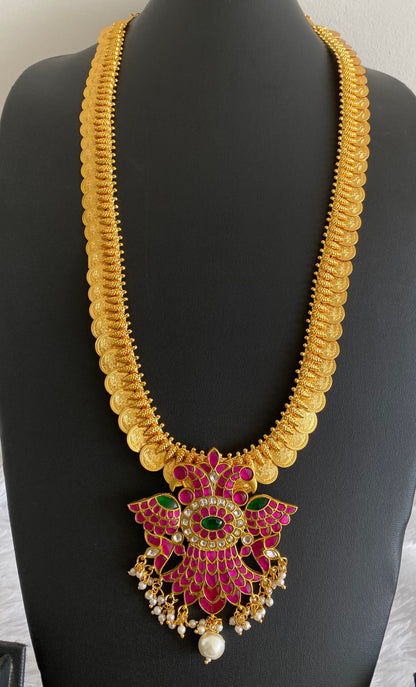 Gold tone kundan jadau ganda berunda pendant lakshmi coin haar dj-54040