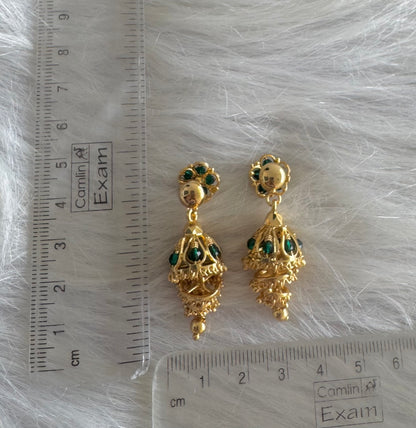 Gold tone green beaded step jhumkka dj-51281