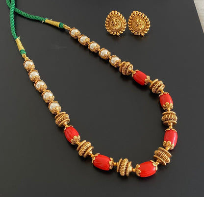 Antique gold tone coral pearl nakshi beaded necklace set dj-54946