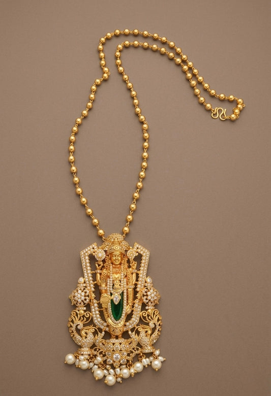 Gold tone 24 inches chain with green Shri Thirumal pearl pendant dj-53250