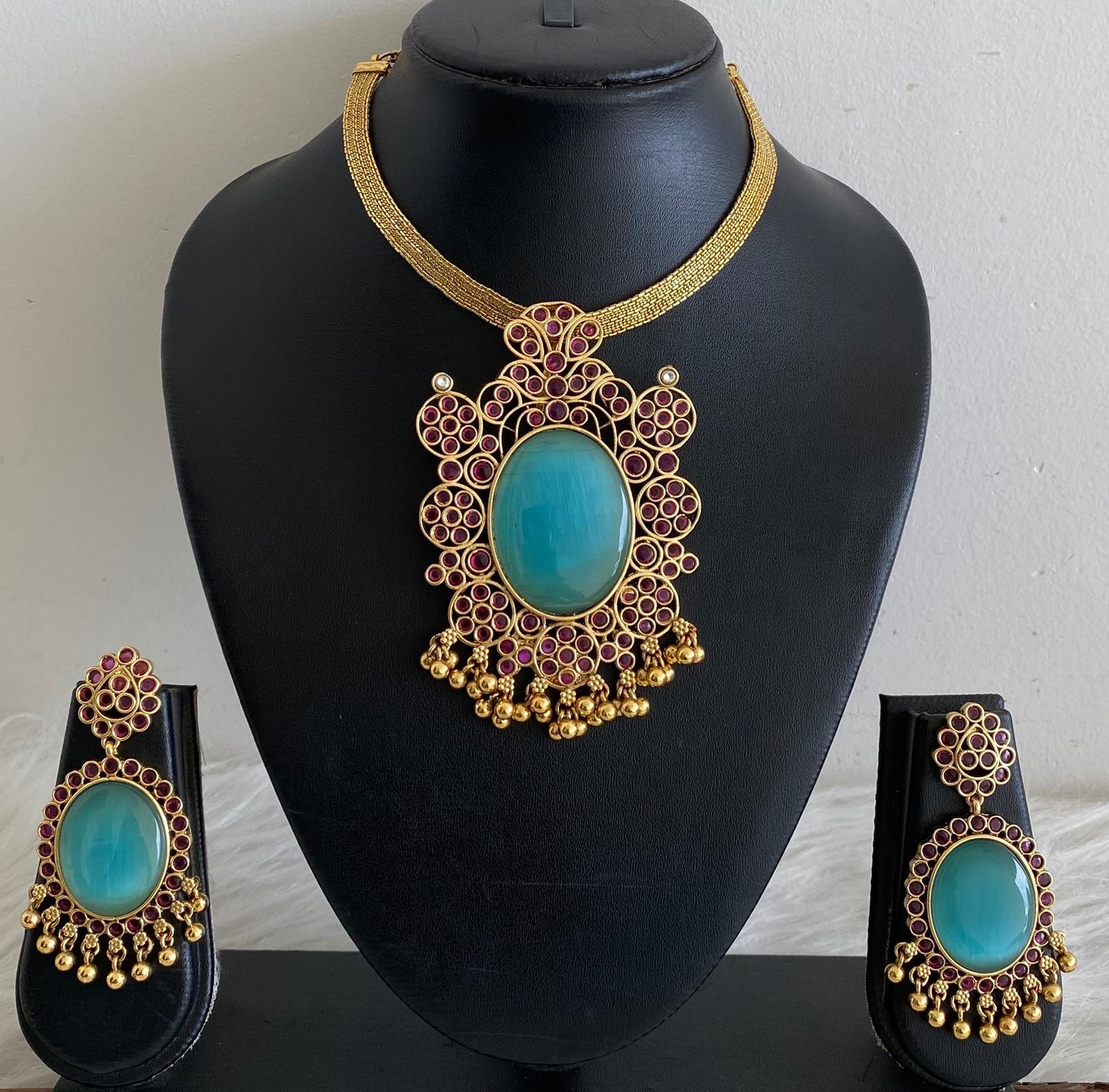 Matte finish big sea green oval stone pendant choker necklace set dj-53990