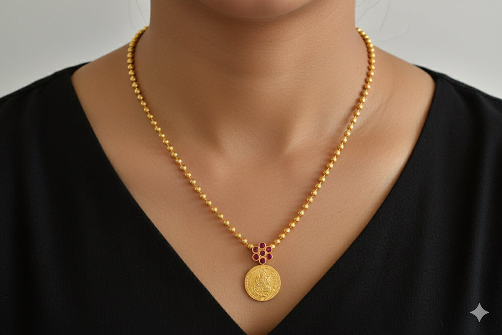 Gold tone kerala style pink stone lakshmi coin necklace dj-51680
