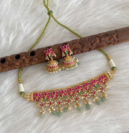 Antique gold tone kundan jadau lotus choker set dj-54510