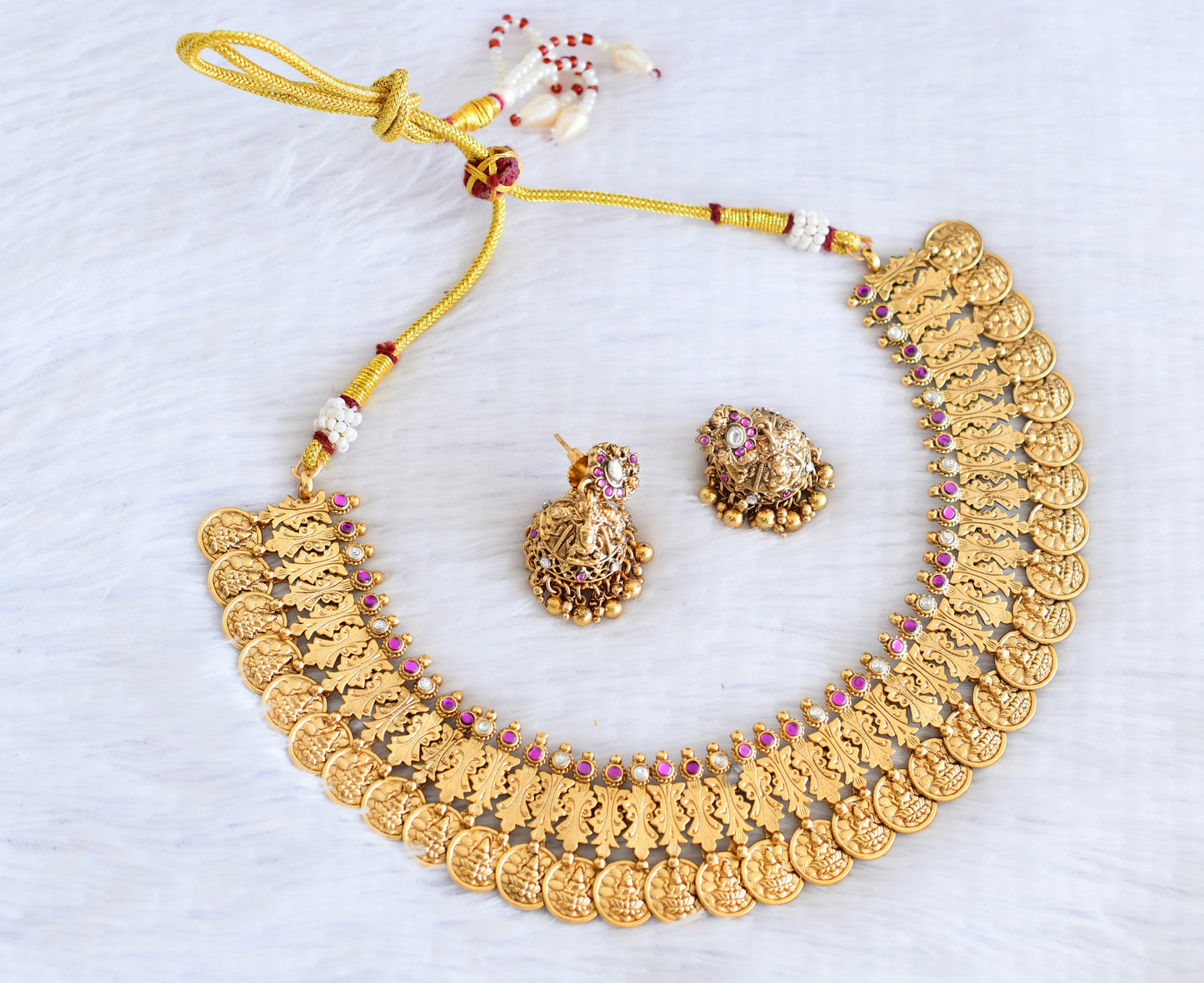 Antique gold tone pink-white lakshmi coin necklace set dj-53012