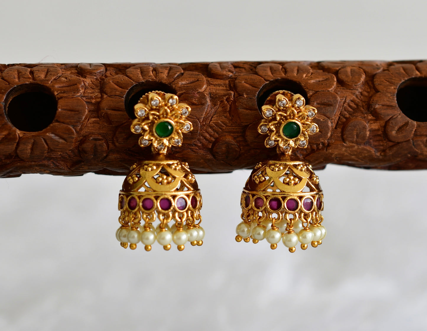 Antique gold tone ruby-green pearl flower jhumkka dj-52160