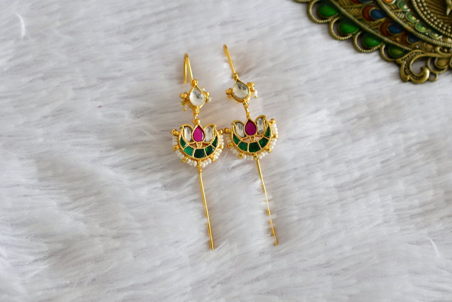 Gold tone pink-green kundan jadau lotus bugadi needle earrings dj-52447