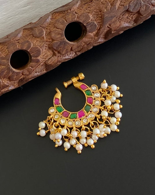 Gold tone kundan jadau pink-green-white stone pearl nose pin dj-53726
