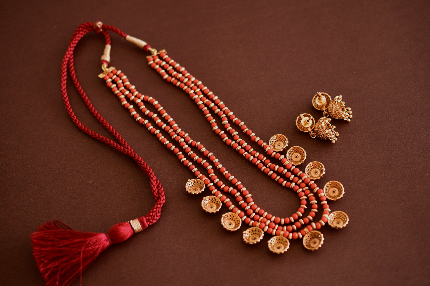 Antique gold tone flower coral beaded multi layer mala/necklace set dj-52693