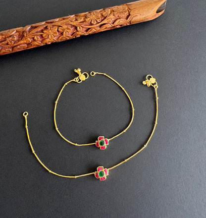 Gold tone pink-green flower kundan jadau anklets dj-51412