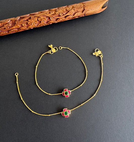 Gold tone pink-green flower kundan jadau anklets dj-51412