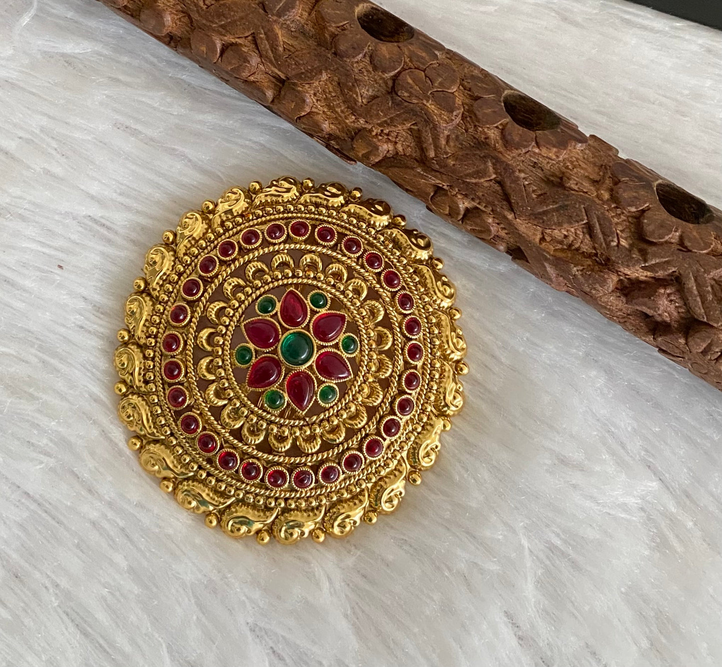 Antique gold tone kemp-green round hair jewel (rakodi) dj-53627