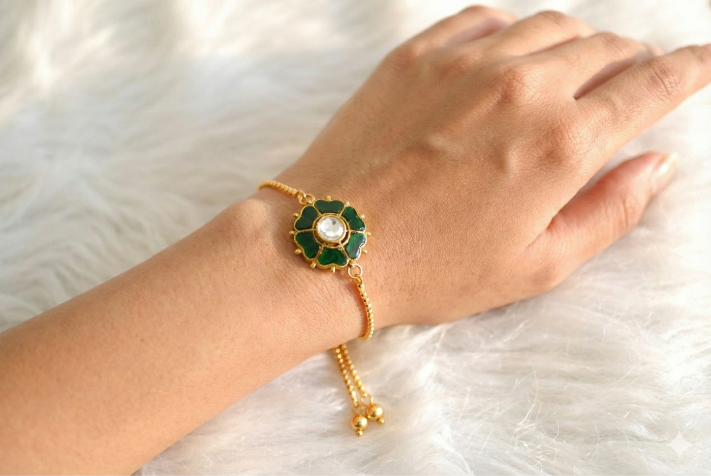 Gold tone green kundan jadau flower bracelet dj-52661