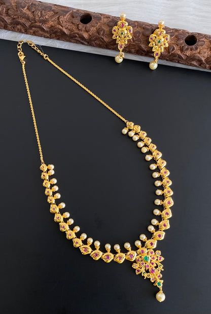 Gold tone ruby-green pearl necklace set dj-53832