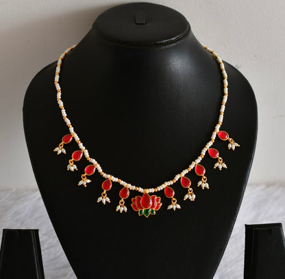 Gold tone pink-green lotus beaded necklace dj-52674