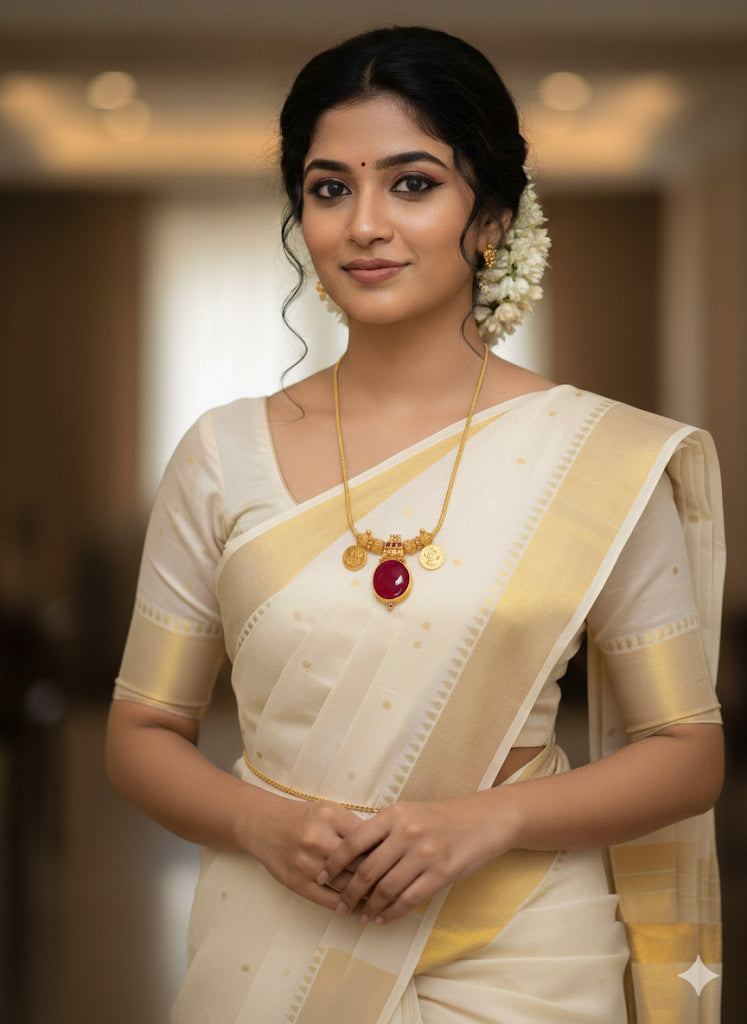 Gold tone pink-red kerala style round kodi Lakshmi coin necklace dj-51706