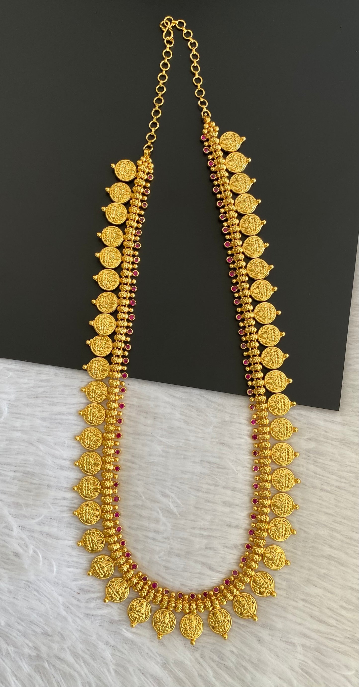 Gold tone pink stone lakshmi coin haar dj-53173