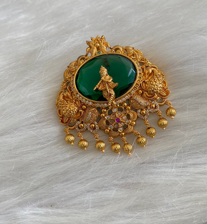Antique gold tone oval green stone krishna pendant dj-54789