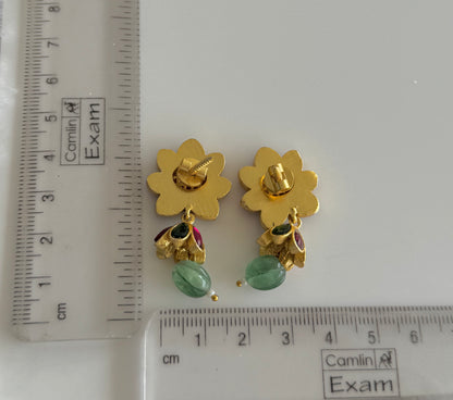 Gold tone pink-green-white kundan jadau lotus green beaded jhumkka dj-51503