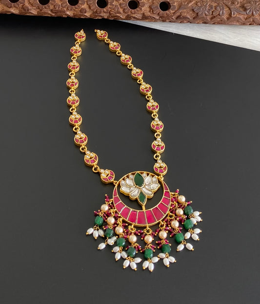Gold tone kemp-green-white kundan jadau green beaded pearl moon necklace dj-54187