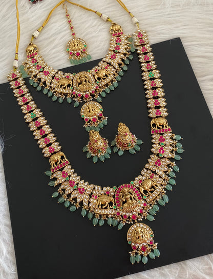 Antique gold tone kundan jadau gaja lakshmi green beaded bridal set dj-54564