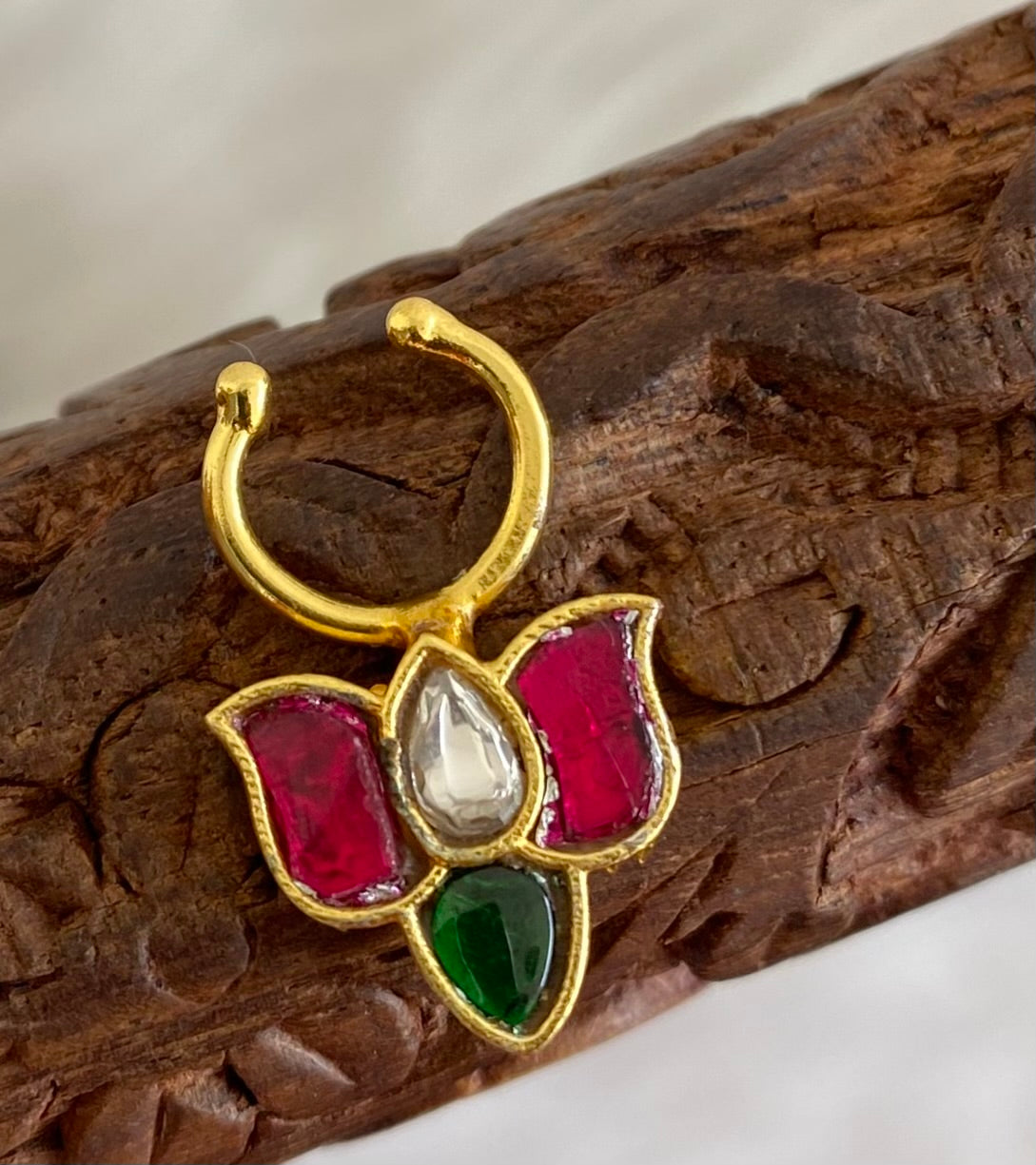 Gold tone kundan jadau pink-green-white stone lotus nose pin/bulakku dj-53735