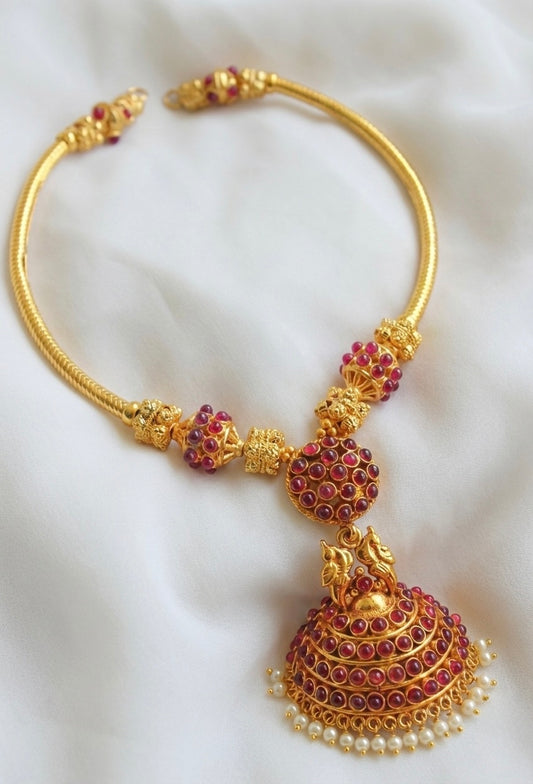 Antique gold tone kemp peacock jhumkka pendant hasli necklace -dj04283