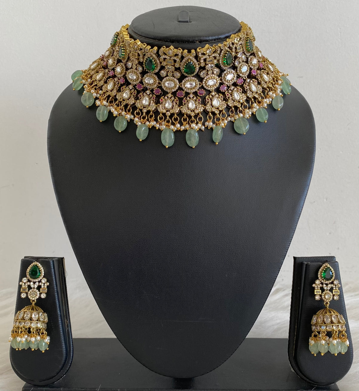 Antique gold tone peacock kundan sea green beaded choker necklace set dj-54804