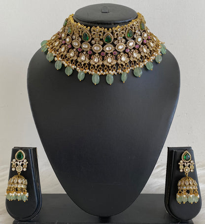 Antique gold tone peacock kundan sea green beaded choker necklace set dj-54804
