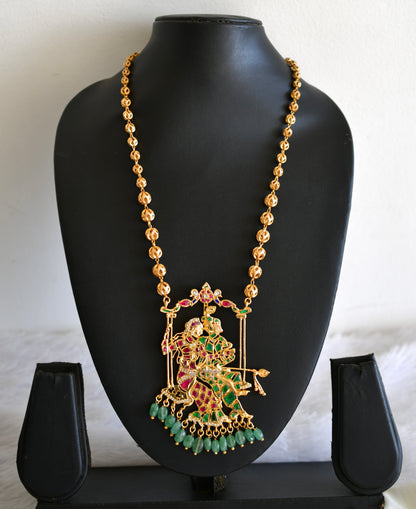 Gold tone pink-green kundan jadau Radhe-Krishna pendant necklace dj-52603