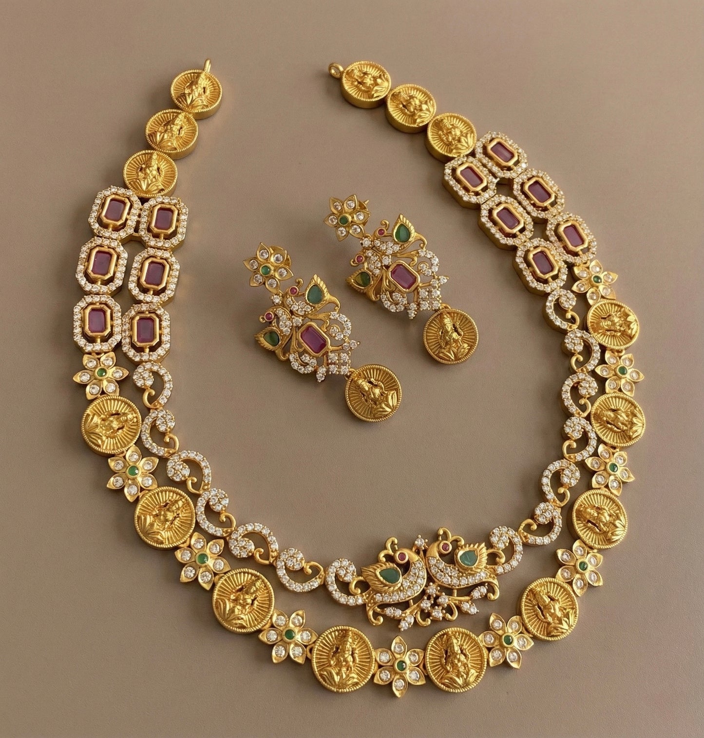 Matte finish cz ruby-green lakshmi double layer necklace set DJ32264