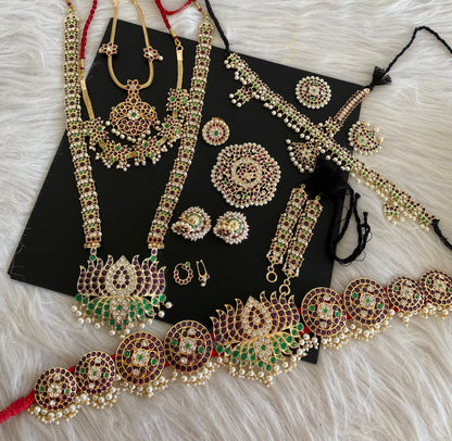 Gold tone precious kemp-green-white pearl lotus bridal set dj-53964