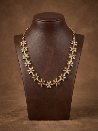 Gold tone ad pink-green white stone flower necklace dj-52628