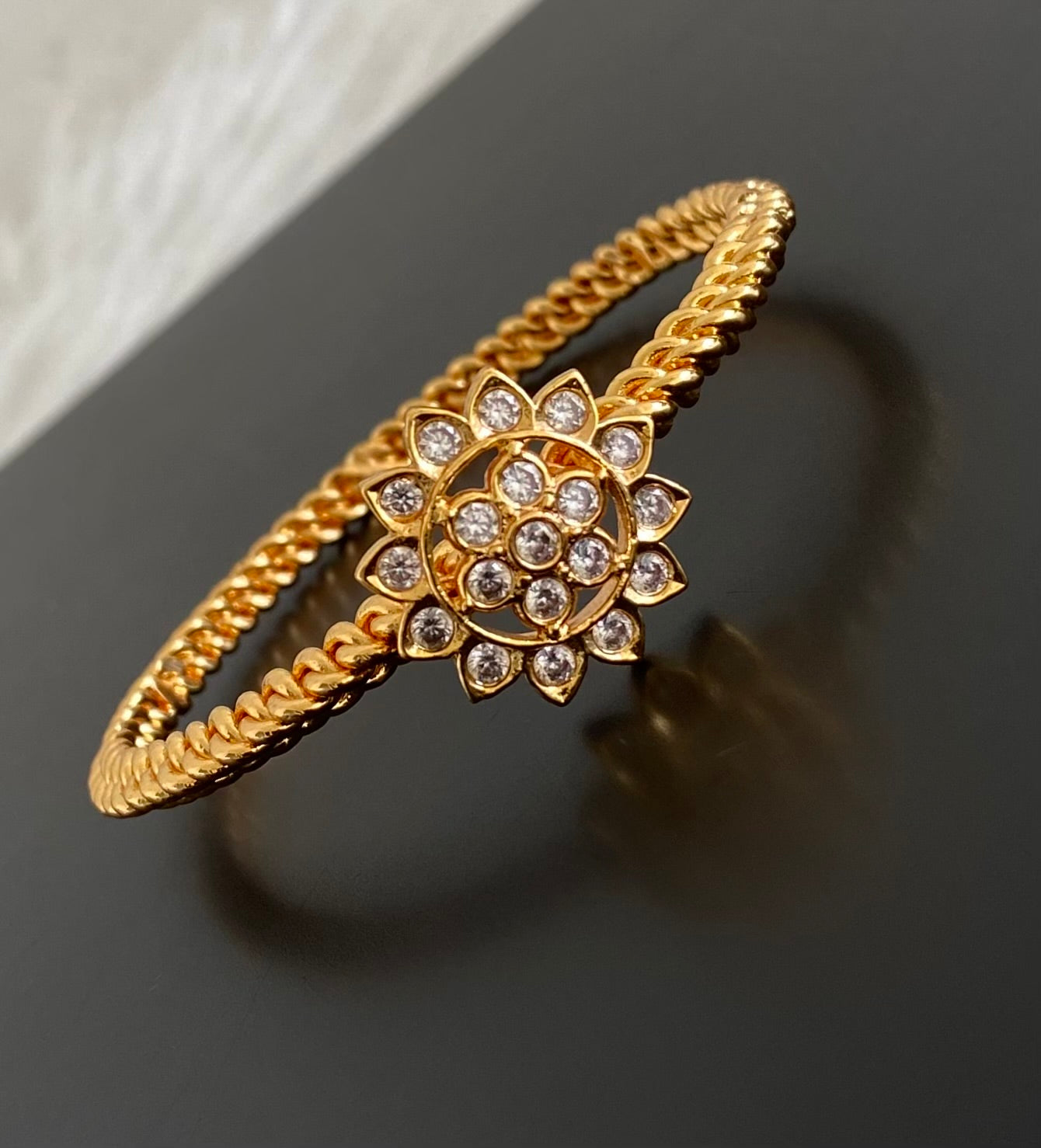 Gold tone AD white stone flower kada/bangle(2.4) Dj-53879
