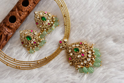 Antique gold tone pink-green kundan jadau kante necklace set dj-52422